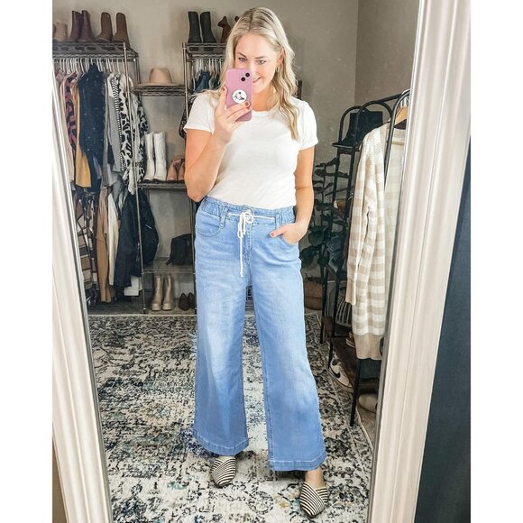 Wide Leg Jeans for Women Stretch High Wasited Elastic Waist Bell Bottom Baggy Y2 - Picture 4 of 7